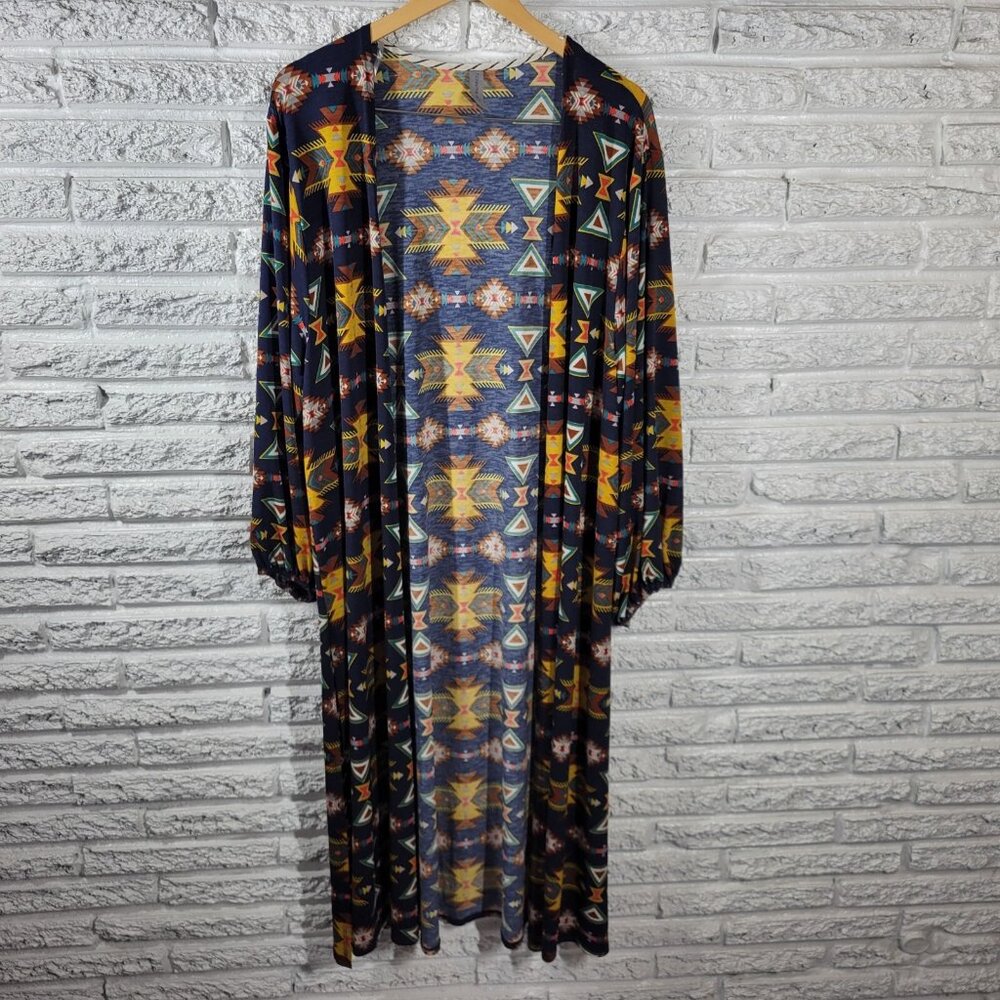 Honeyme Curvy Women's XL Top Blouse Blue Geometric Tribal Print GEO119E